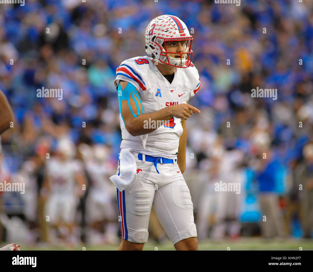 November 18, 2017; Memphis, TN, USA; SMU Mustangs QB, BEN HICKS (8), argues with the referee in NCAA D1 football action against the Memphis Tigers. The Memphis Tigers defeated the SMU Mustangs 66-45. Kevin Langley/CSM Stock Photo