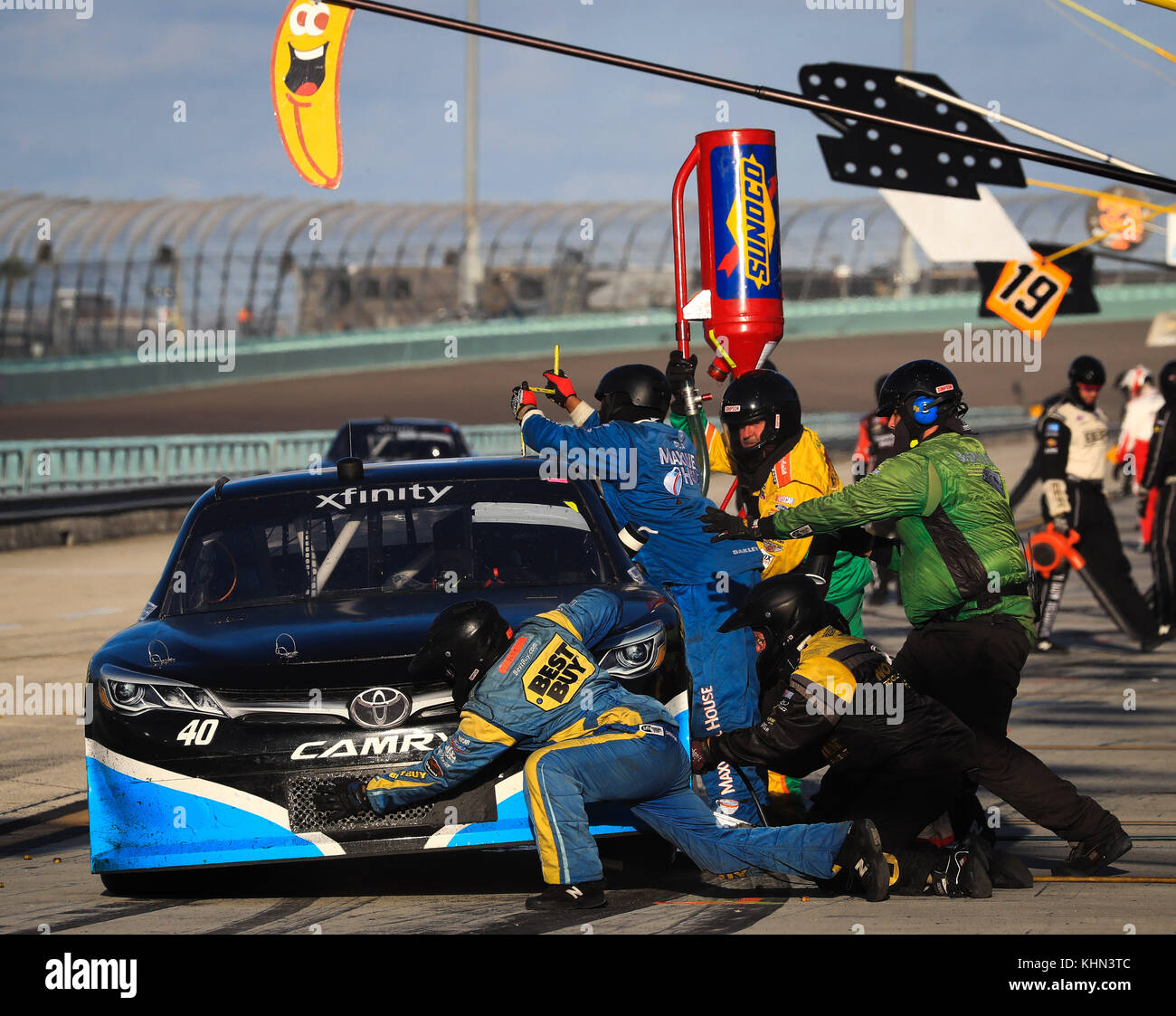 Homestead, Fla, USA. 18th Nov, 2017. Chad Finchum, driver of the (40) MBM Motorsports Toyota, makes a pit stop during the 23rd Annual Ford EcoBoost 300 - NASCAR XFINITY Series - championship race at the Homestead-Miami Speedway in Homestead, Fla. Mario Houben/CSM/Alamy Live News Stock Photo