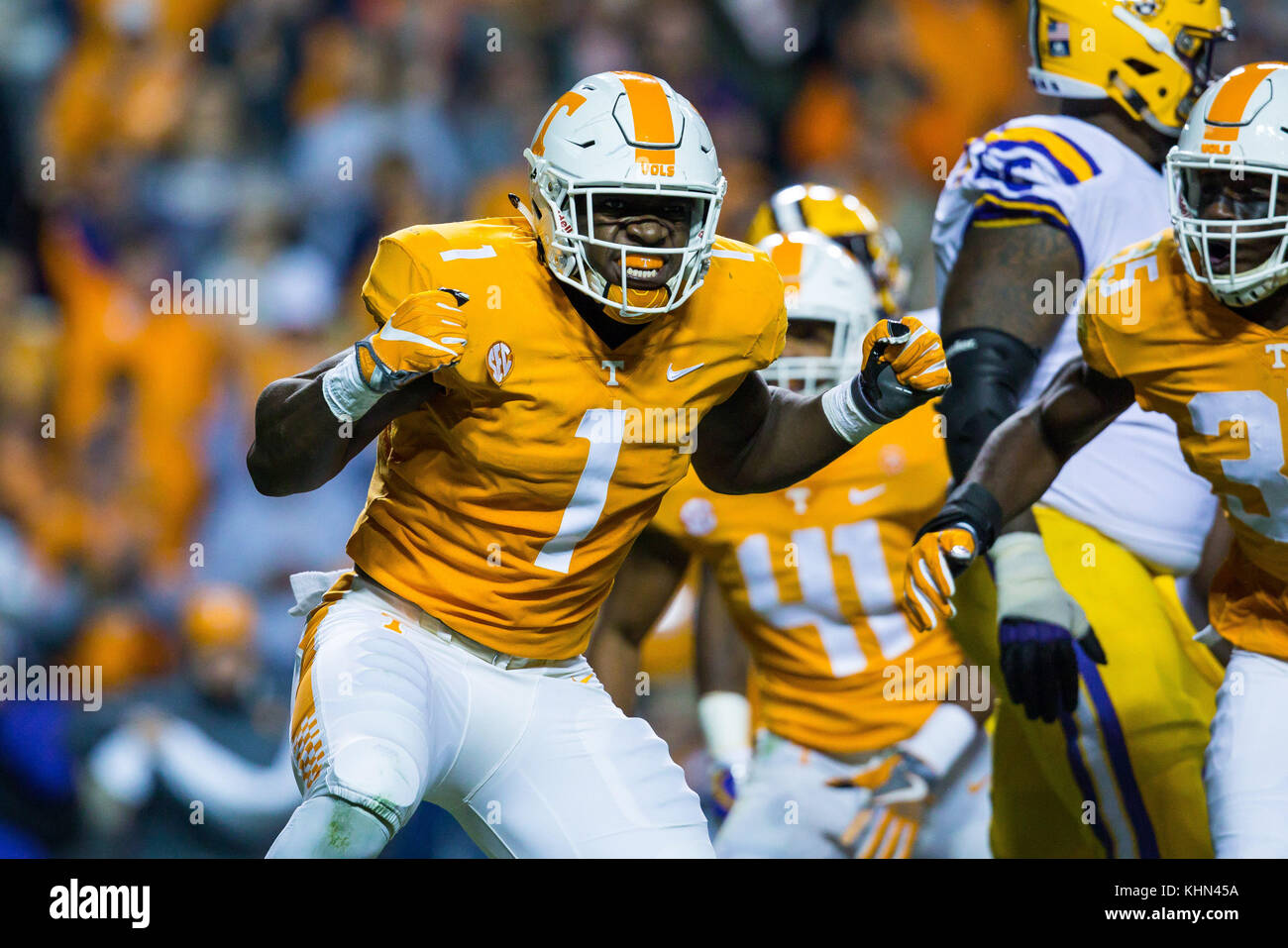 November 18, 2017: Jonathan Kongbo #1 of the Tennessee Volunteers celebrates a tackle during the NCAA football game between the University of Tennessee Volunteers and the Louisiana State University Tigers at Neyland Stadium in Knoxville, TN Tim Gangloff/CSM Stock Photo