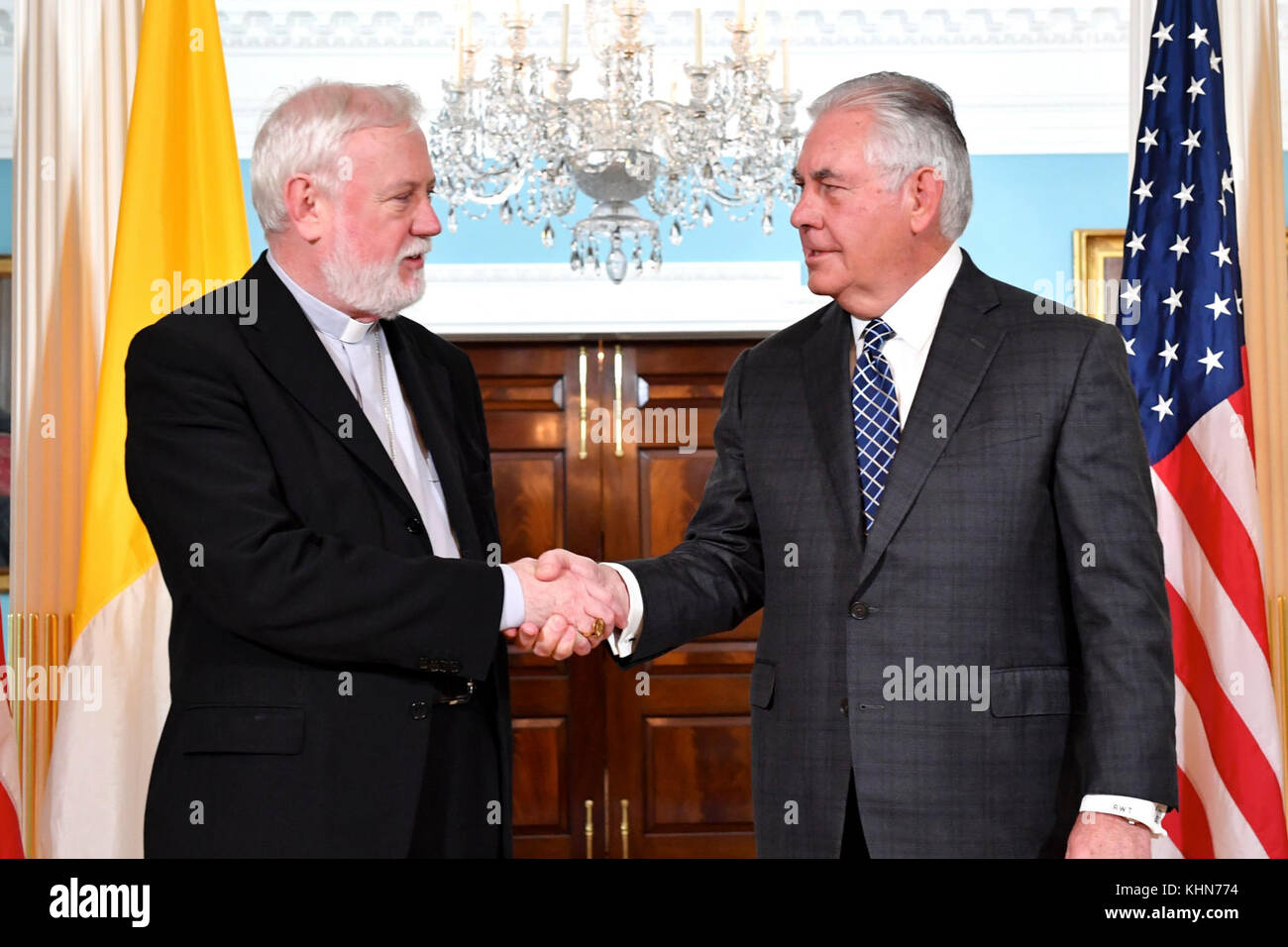 U.S. Secretary of State Rex Tillerson shakes hands with Holy See