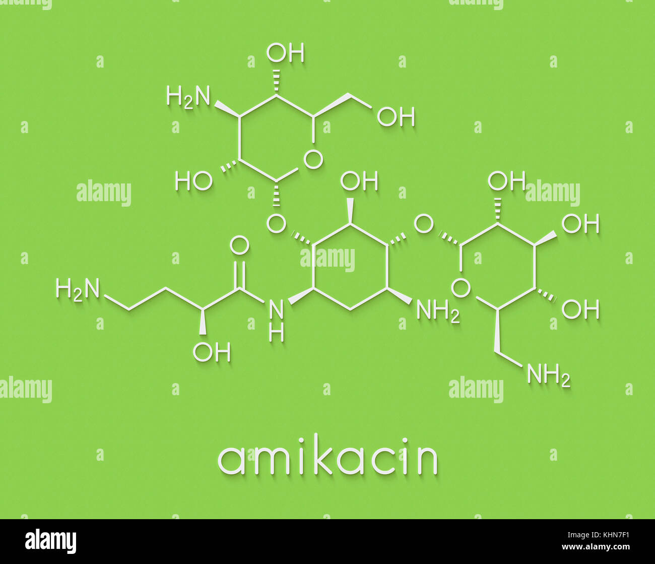 Amikacin aminoglycoside antibiotic molecule. Mostly used as last-resort treatment of multidrug-resistant Gram-negative bacteria. Skeletal formula. Stock Photo