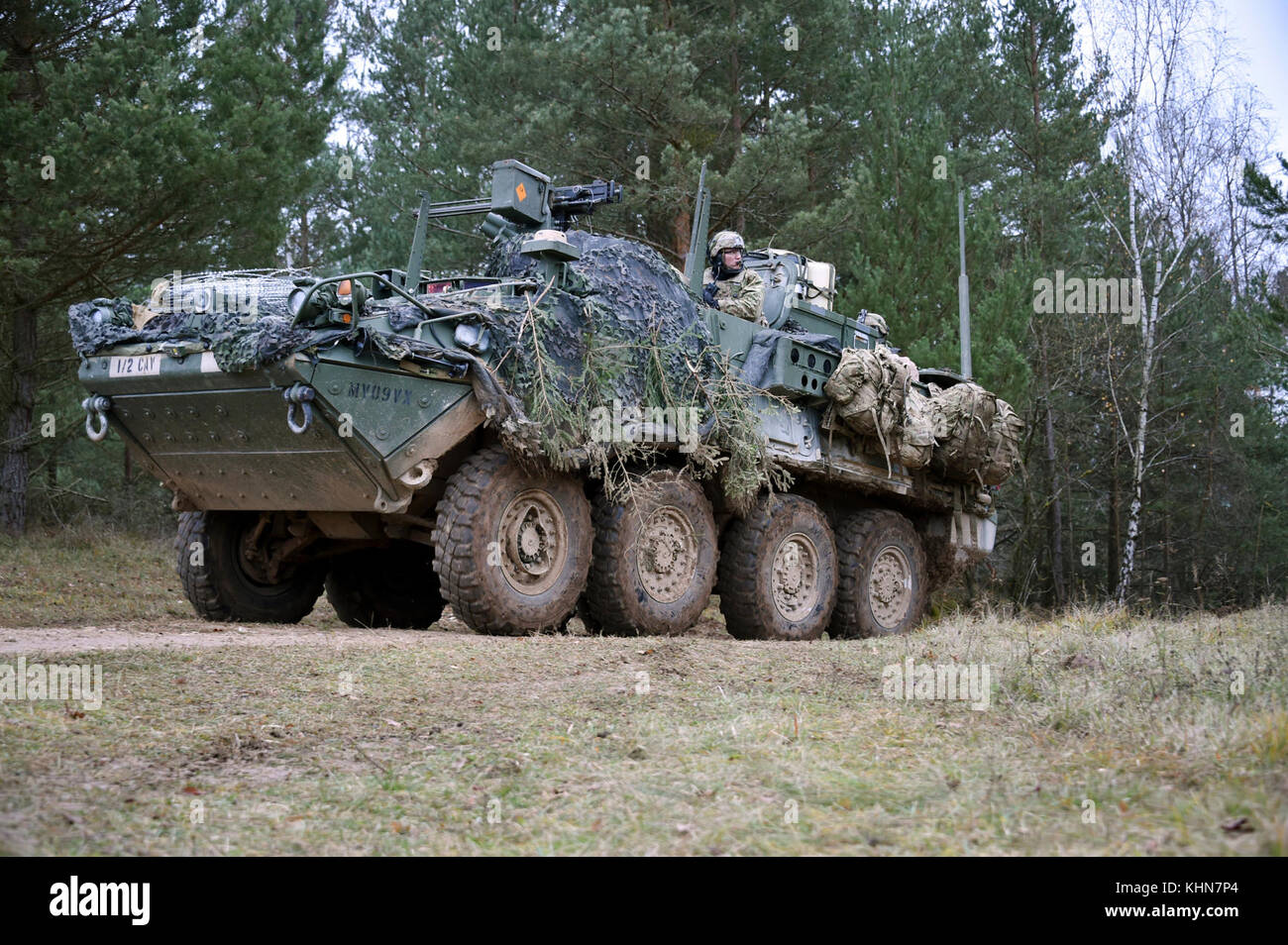 U.S. Soldiers with 1st Squadron, 2nd Cavalry Regiment move their Stryker armored vehicle during Exercise Allied Spirit VII at the 7th Army Training Command’s Hohenfels Training Area, Germany, Nov. 16, 2017. Approximately 4,050 service members from 13 nations are participating in the exercise from Oct. 30 to Nov. 22, 2017. Allied Spirit is a U.S. Army Europe-directed, 7ATC-conducted multinational exercise series designed to develop and enhance NATO and key partner’s interoperability and readiness. (U.S. Army photo by Gertrud Zach) Stock Photo