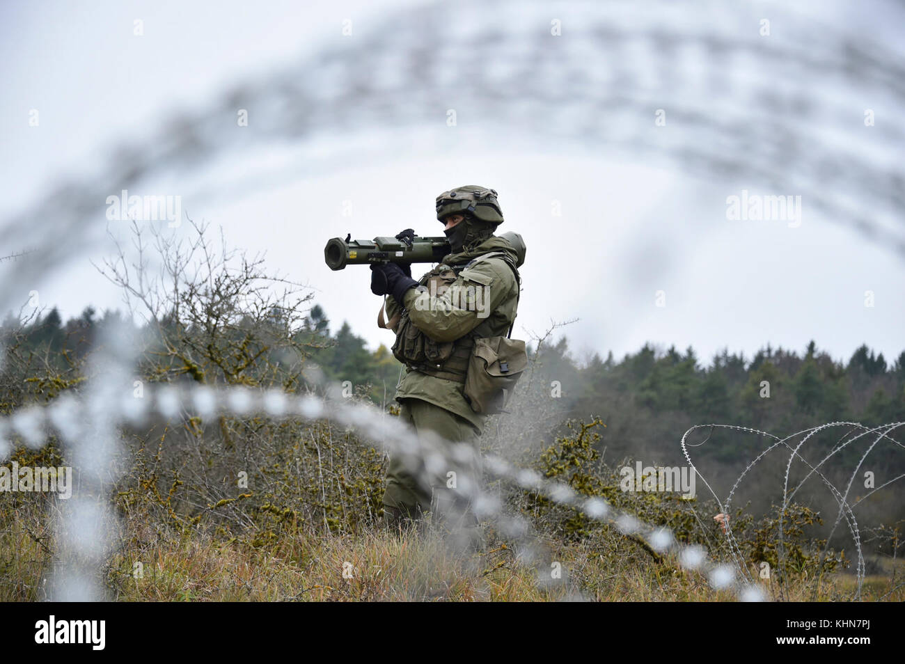 A Lithuanian soldier takes part in Exercise Allied Spirit VII at the 7th Army Training Command’s Hohenfels Training Area, Germany, Nov. 16, 2017. Approximately 4,050 service members from 13 nations are participating in the exercise from Oct. 30 to Nov. 22, 2017. Allied Spirit is a U.S. Army Europe-directed, 7ATC-conducted multinational exercise series designed to develop and enhance NATO and key partner’s interoperability and readiness. (U.S. Army photo by Gertrud Zach) Stock Photo