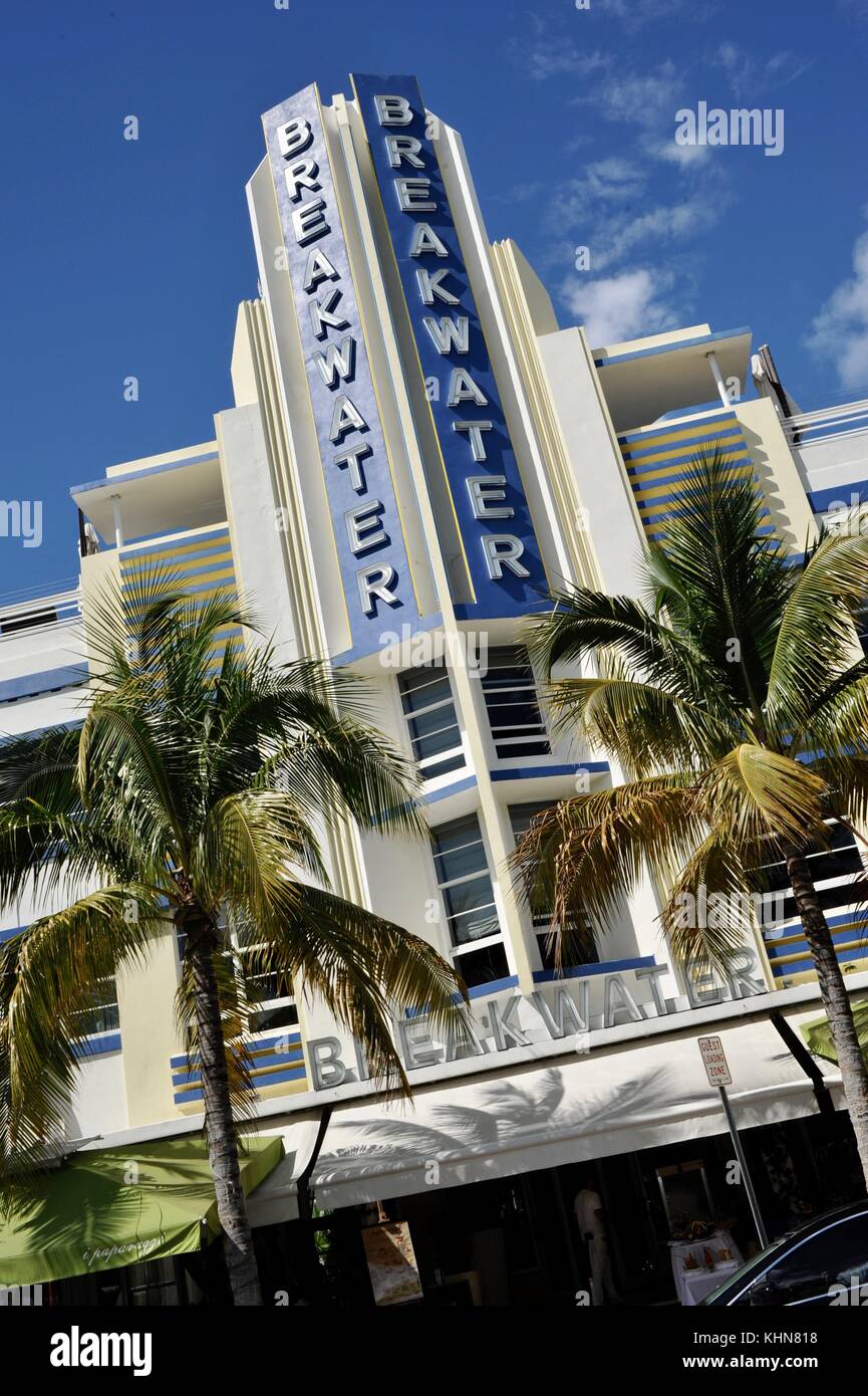 Art deco Breakwater Hotel building face and design in South Beach, Miami, Florida, USA. Stock Photo