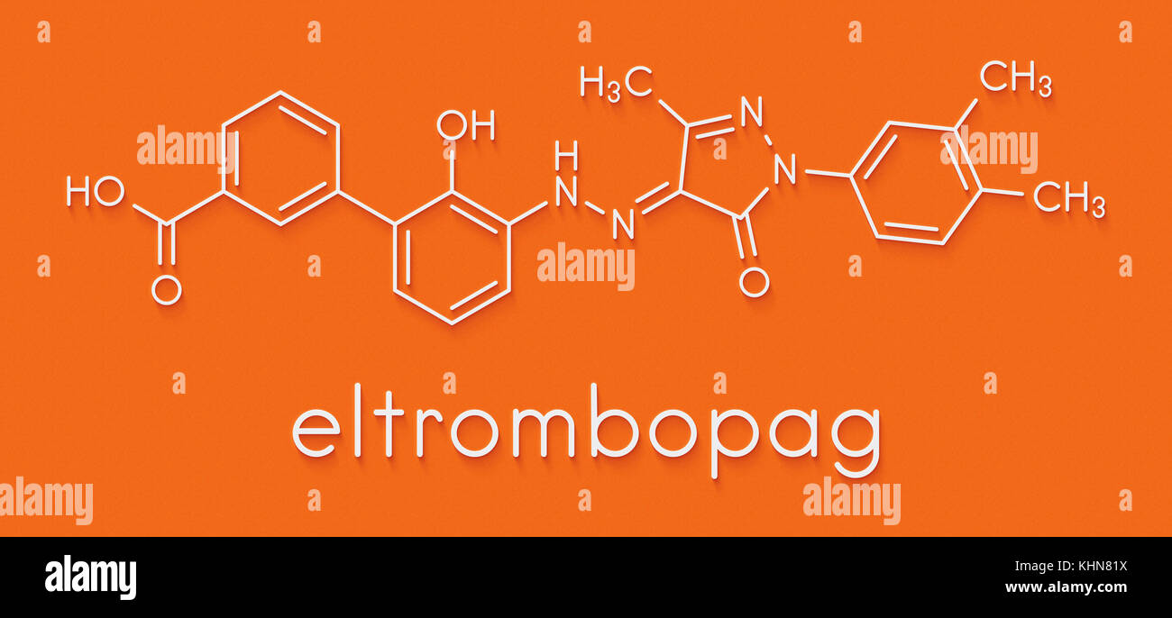 Eltrombopag thrombocytopenia (low blood platelet count) drug molecule. Skeletal formula. Stock Photo