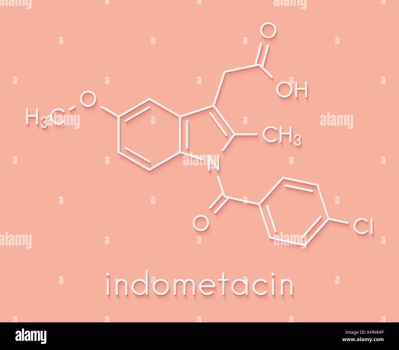 Indomethacin (indometacin) non-steroidal anti-inflammatory drug (NSAID) molecule. Skeletal formula. Stock Photo