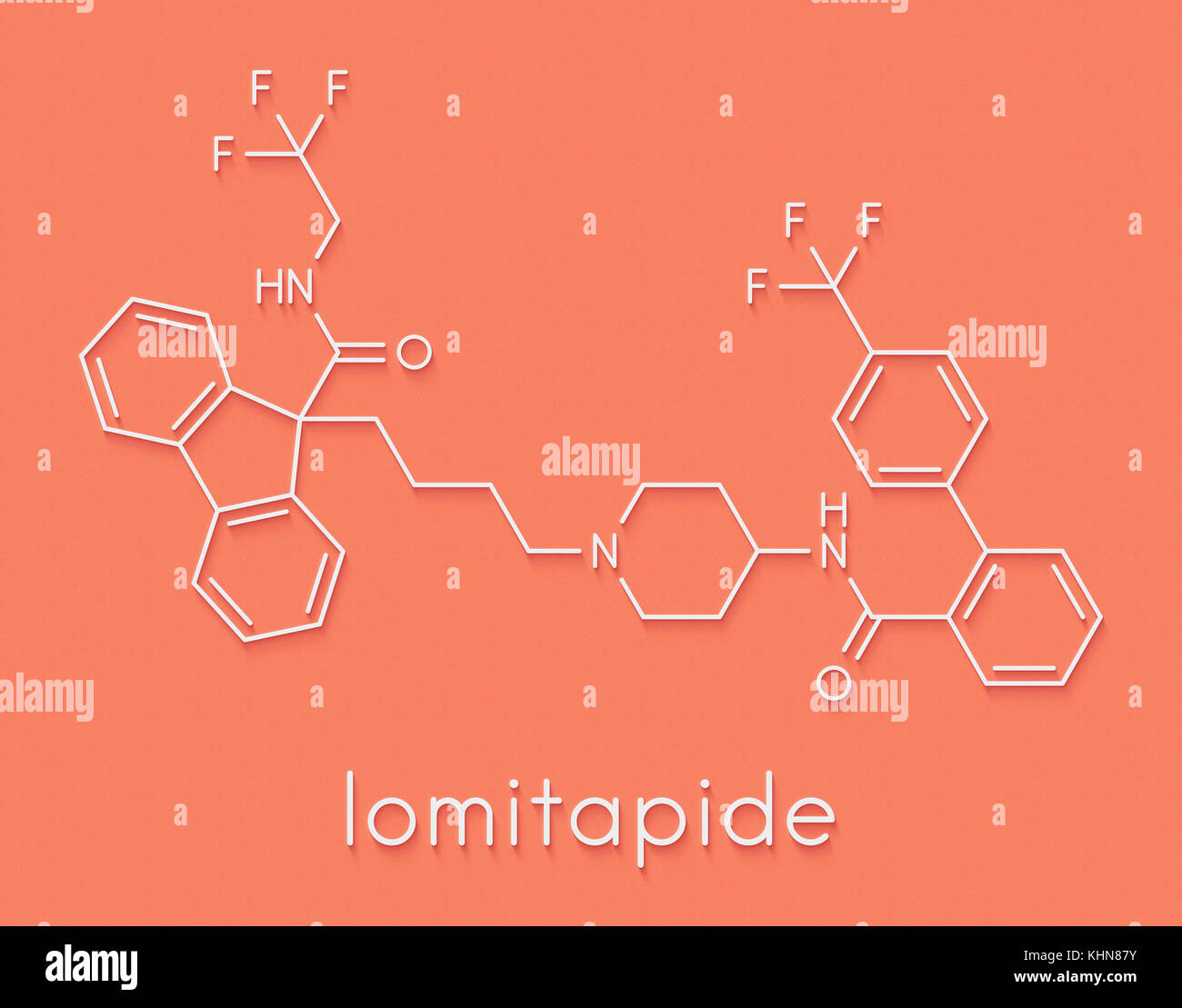 Lomitapide cholesterol lowering drug molecule. Used in treatment of homozygous familial hypercholesterolemia. Skeletal formula. Stock Photo