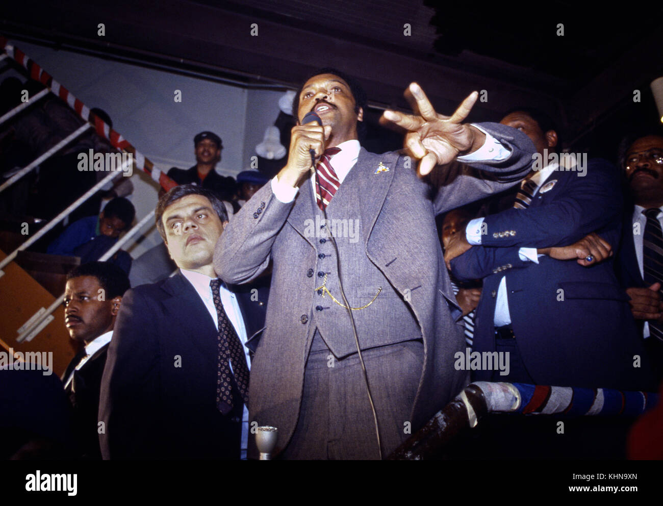 Jesse Jackson campaigns during his 1984 bid for President of the United States. On November 3, 1983, Jackson announced his campaign for President of the United States in the 1984 election,becoming the second African American to mount a nationwide campaign for president. In the Democratic Party primaries, Jackson, who had been written off by pundits as a fringe candidate with little chance at winning the nomination, surprised many when he took third place behind Senator Gary Hart and former Vice President Walter Mondale, who eventually won the nomination. Stock Photo
