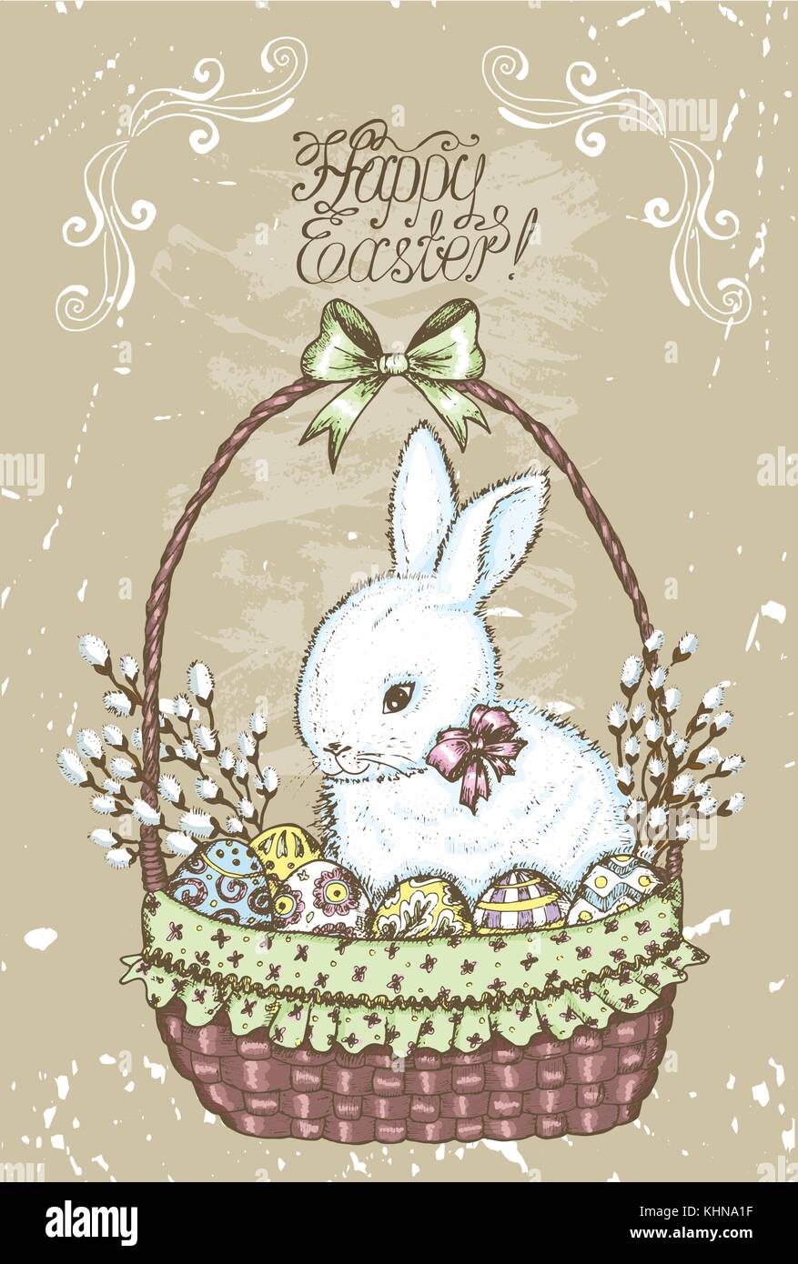Old card with Easter rabbit in basket with willow, hand drawn vector