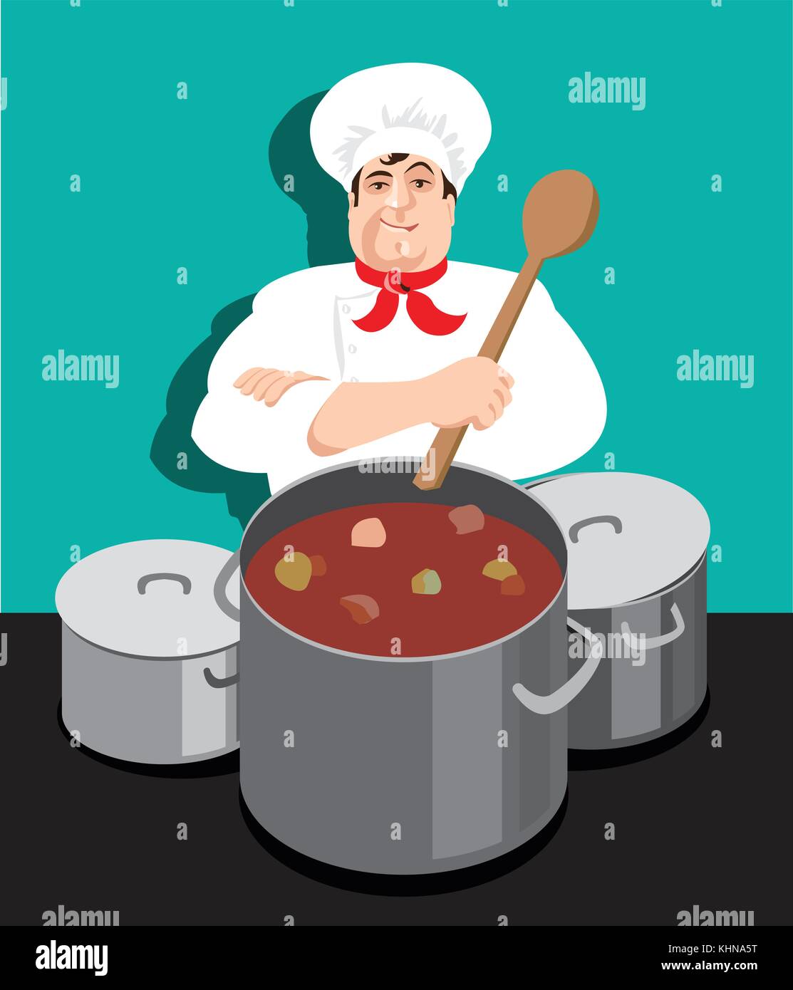 Chef prepares hot soup in the pan, illustration, Vector Stock Vector