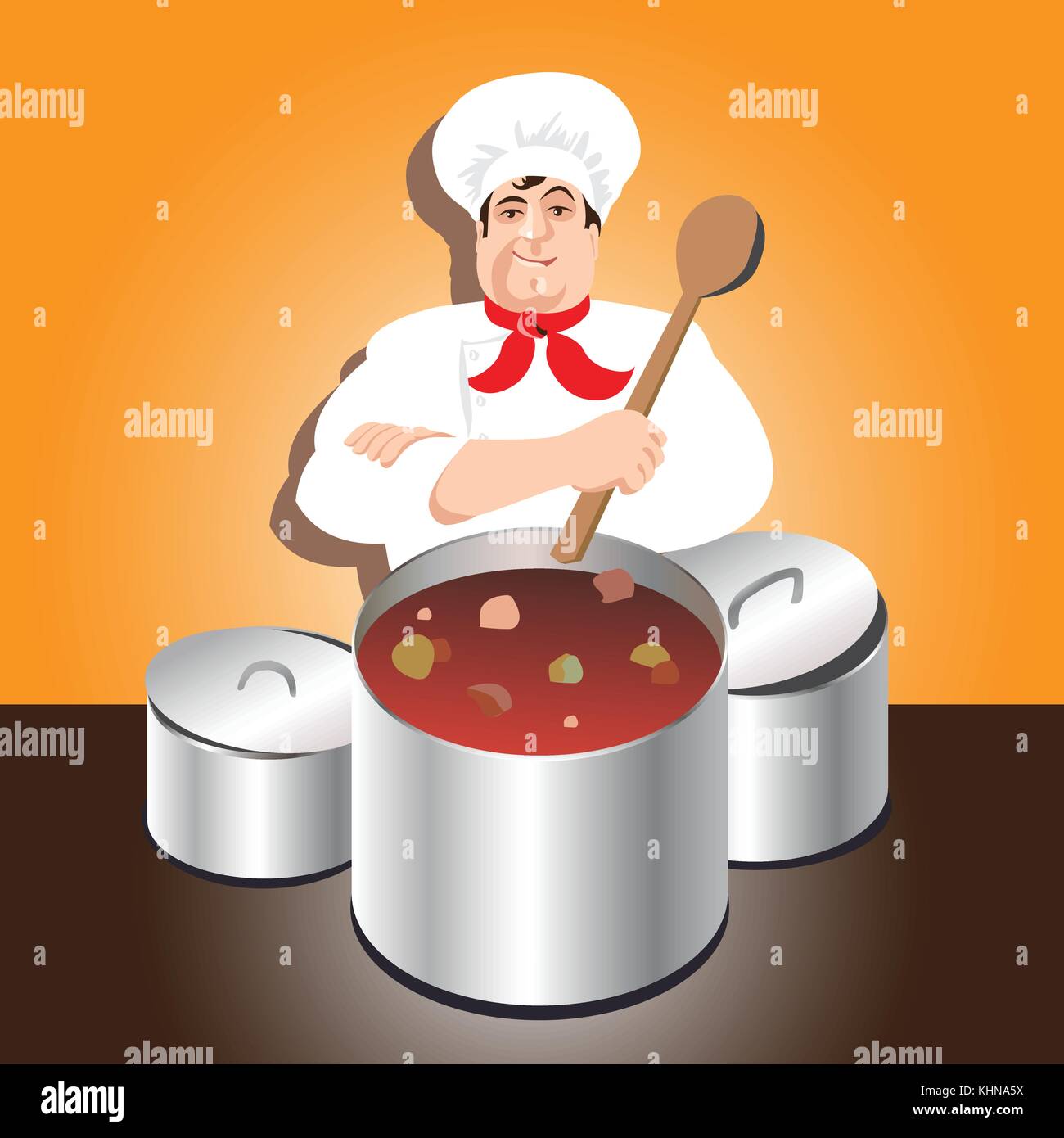 Chef prepares hot soup in the pan, illustration, Vector Stock Vector