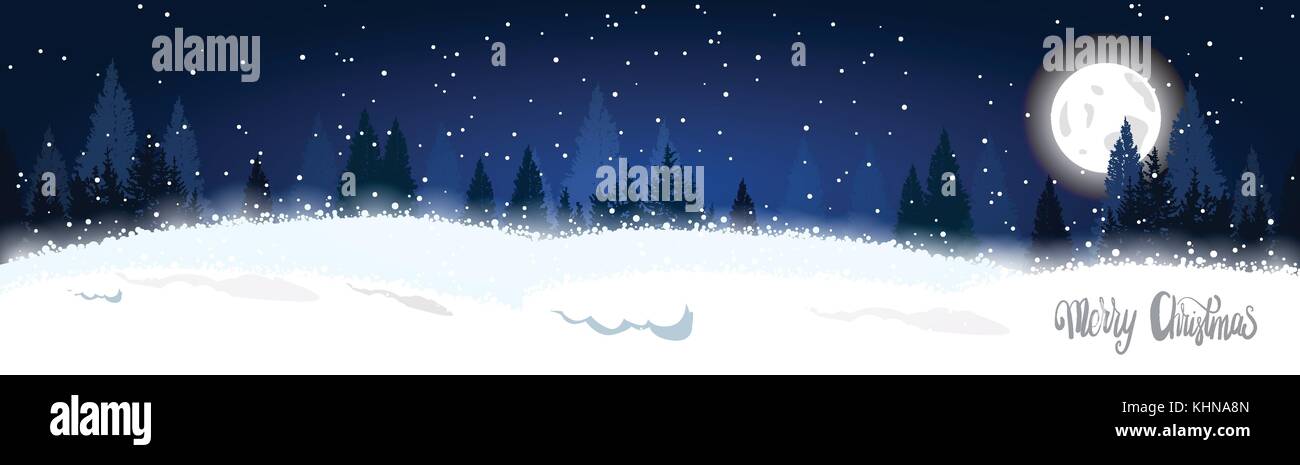 Christmas Winter Forest Landscape Horizontal Banner Fir Trees Over