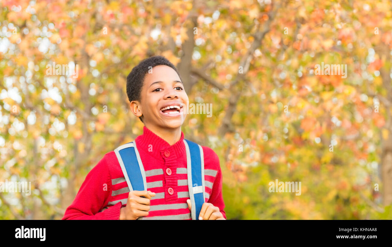 Back to School. Cute African-American Boy going to or from school ...