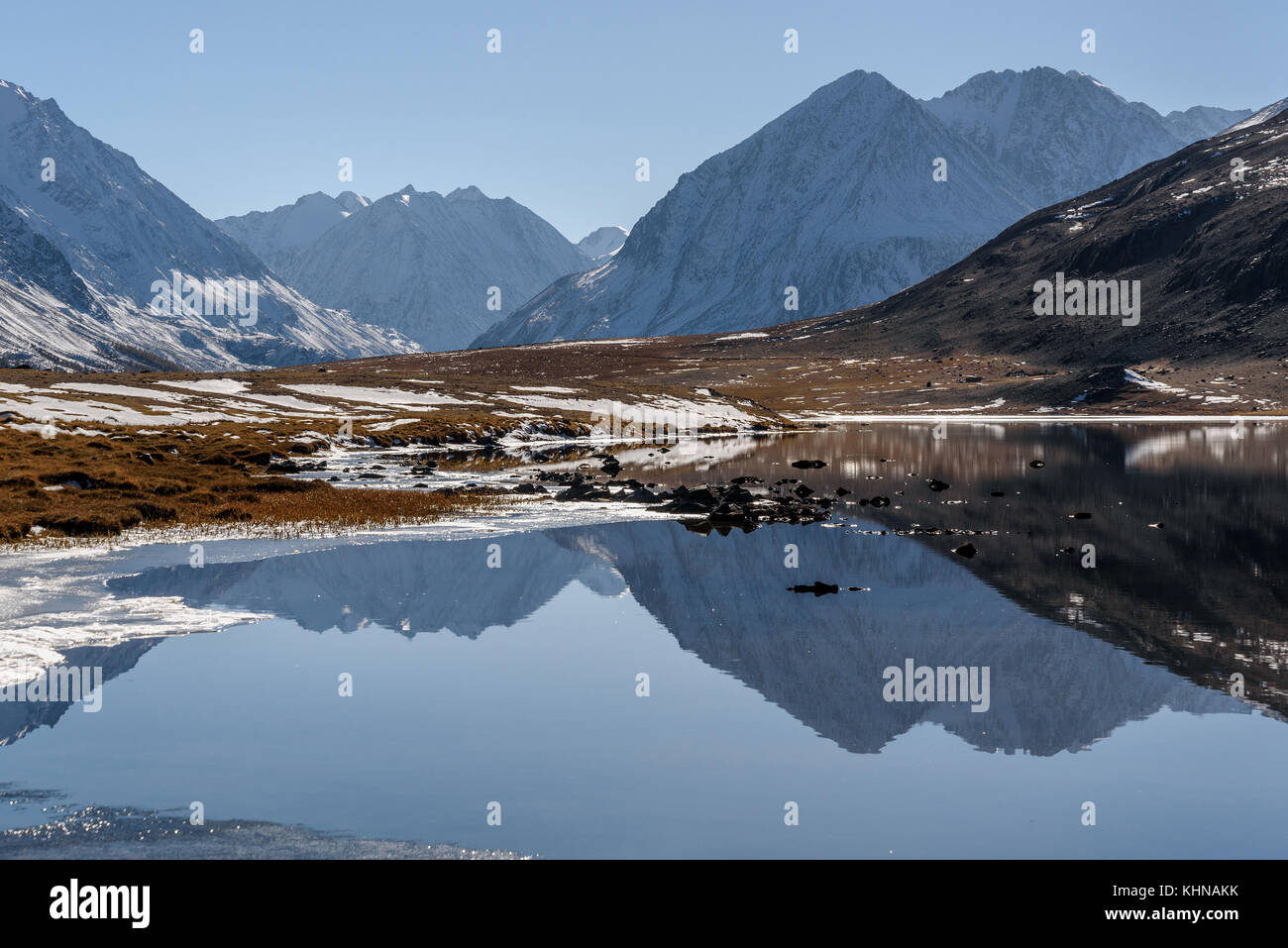 Scenic mountain autumn landscape with a lake, mountains reflecting in the lake, with snow and ice on the shore on a sunny day Stock Photo