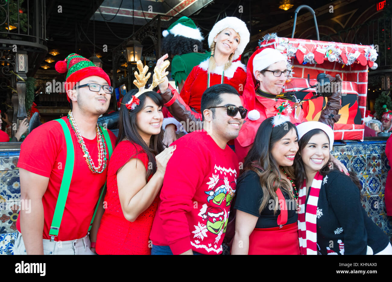 Millennials on a Santacon Pub cCrawl Posing for a Picture Stock Photo