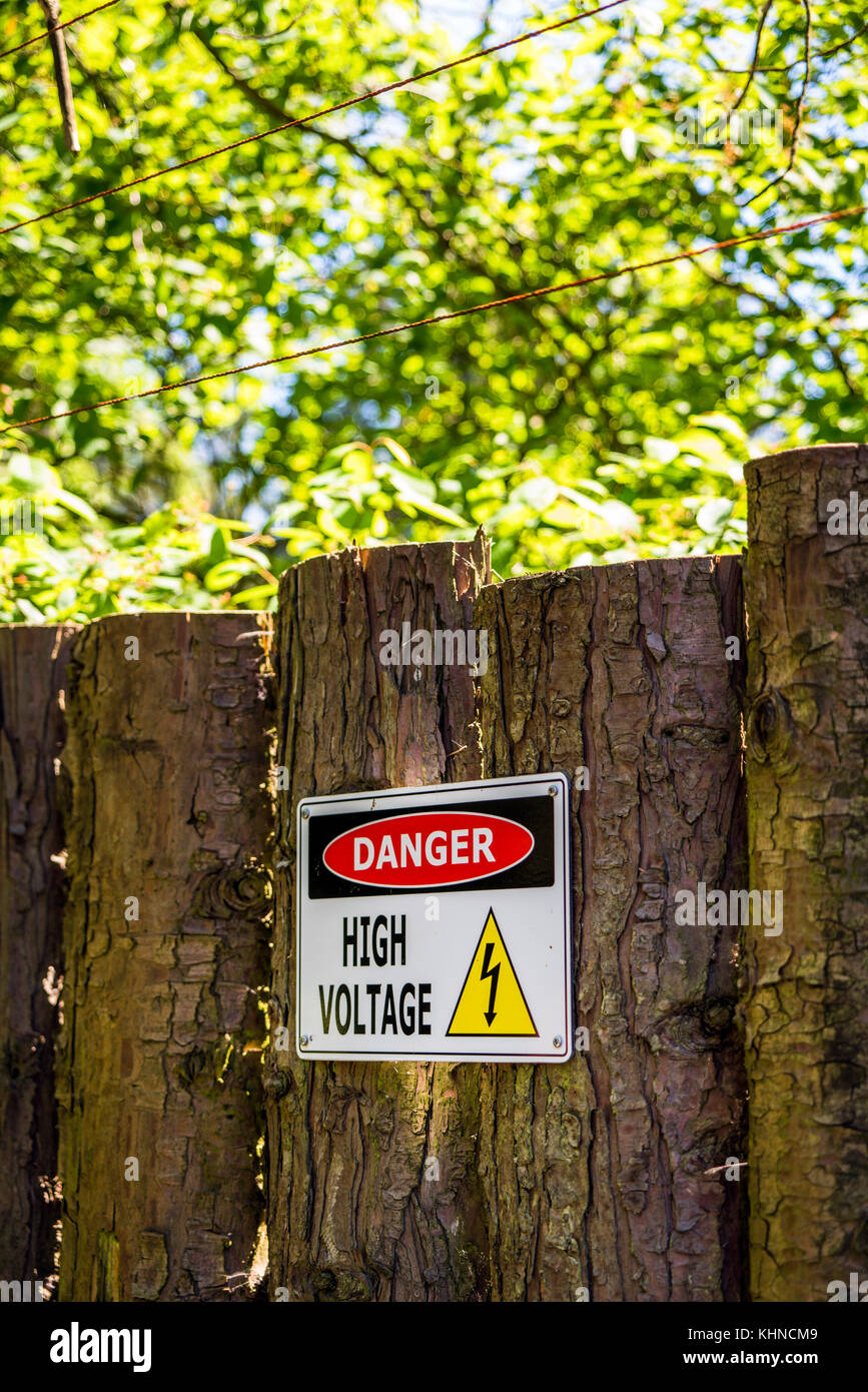 High voltage sign on a wooden fence with electrical wires in a park with green trees Stock Photo