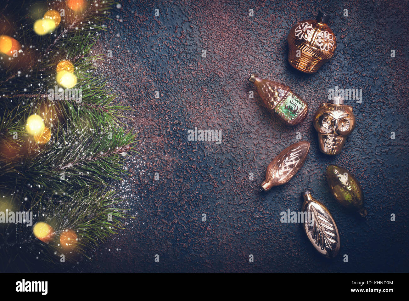Christmas background with vintage gold toys and fir branches Stock ...