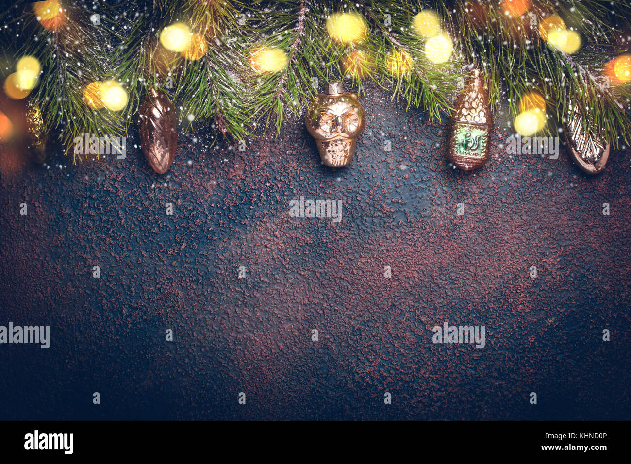 Christmas background with vintage gold toys and fir branches Stock ...