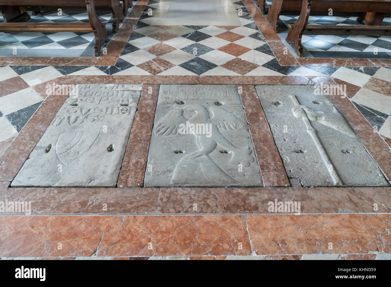 Tombstones of the thirteenth century in the church of Sant'Andrea Apostle in Venzone, Friuli, Italy Stock Photo