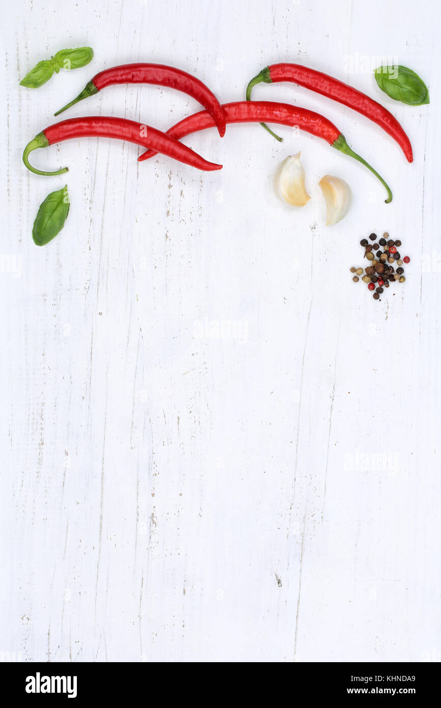 Red hot chili peppers chilli cooking ingredients copyspace portrait format background top view above Stock Photo