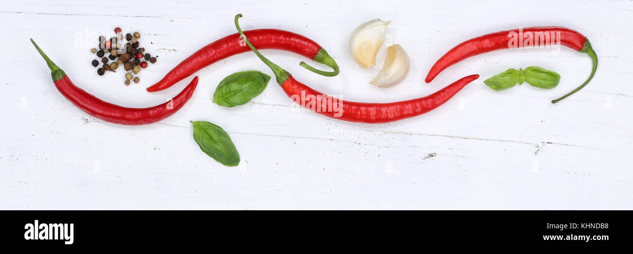 Red hot chili peppers chilli cooking ingredients banner copyspace background top view from above Stock Photo