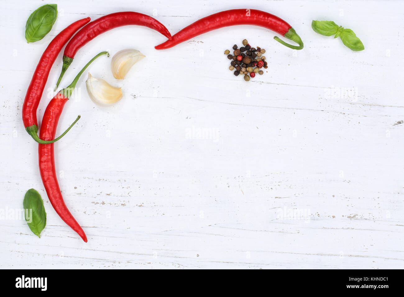 Red hot chili peppers chilli cooking ingredients copyspace background top view from above Stock Photo