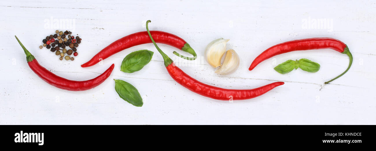 Red hot chili peppers chilli cooking ingredients banner background top view above Stock Photo