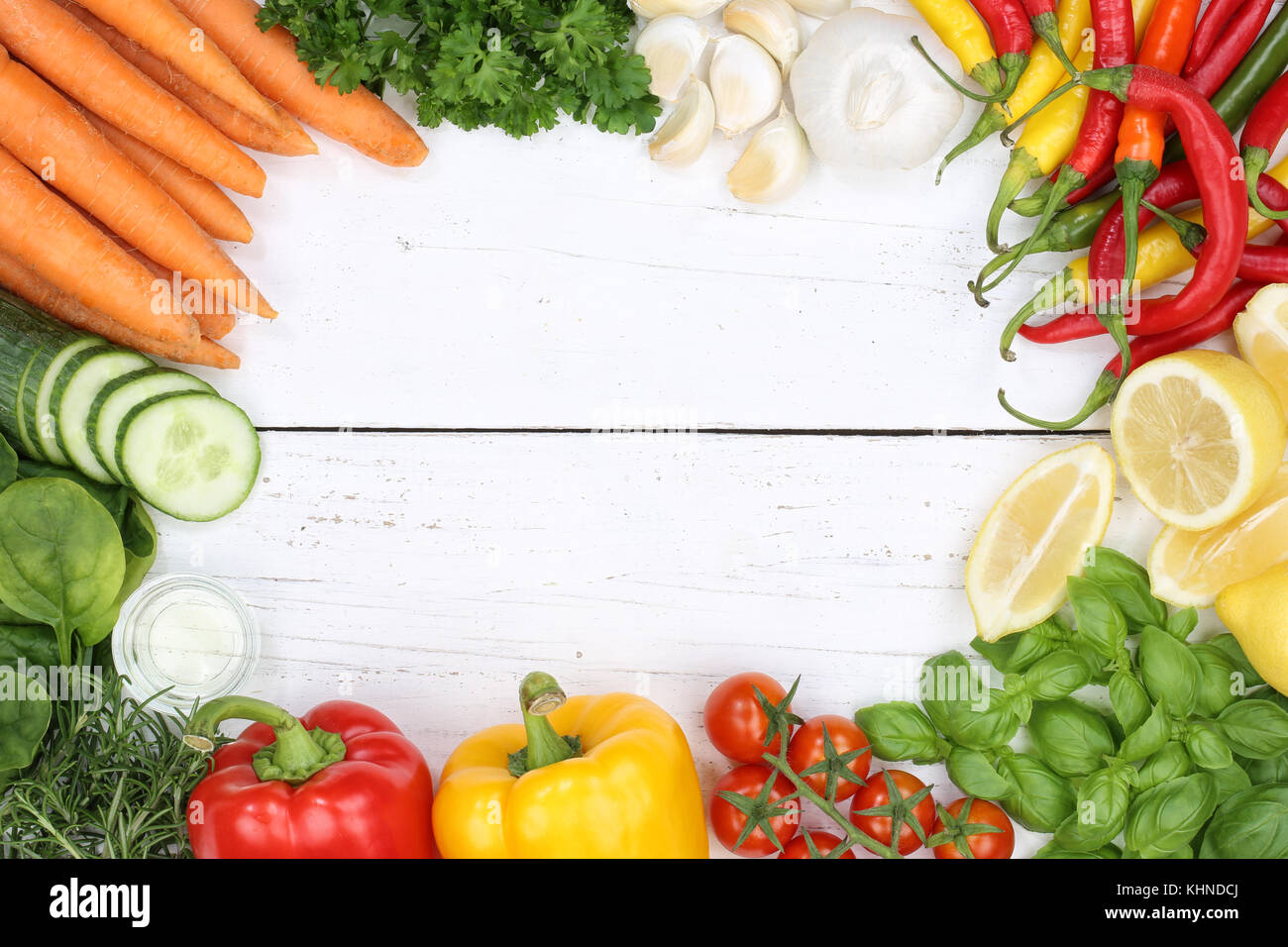 Vegetables collection tomatoes carrots cooking ingredients bell pepper background top view from above Stock Photo