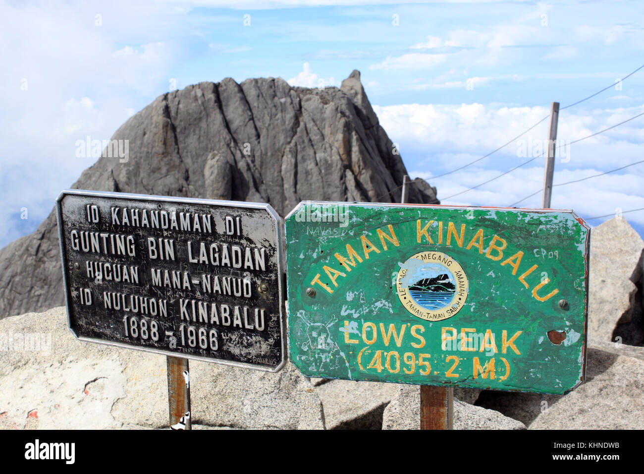 Signs on the summit of mount Kinabalu in Sabah, Borneo, Malaysia Stock