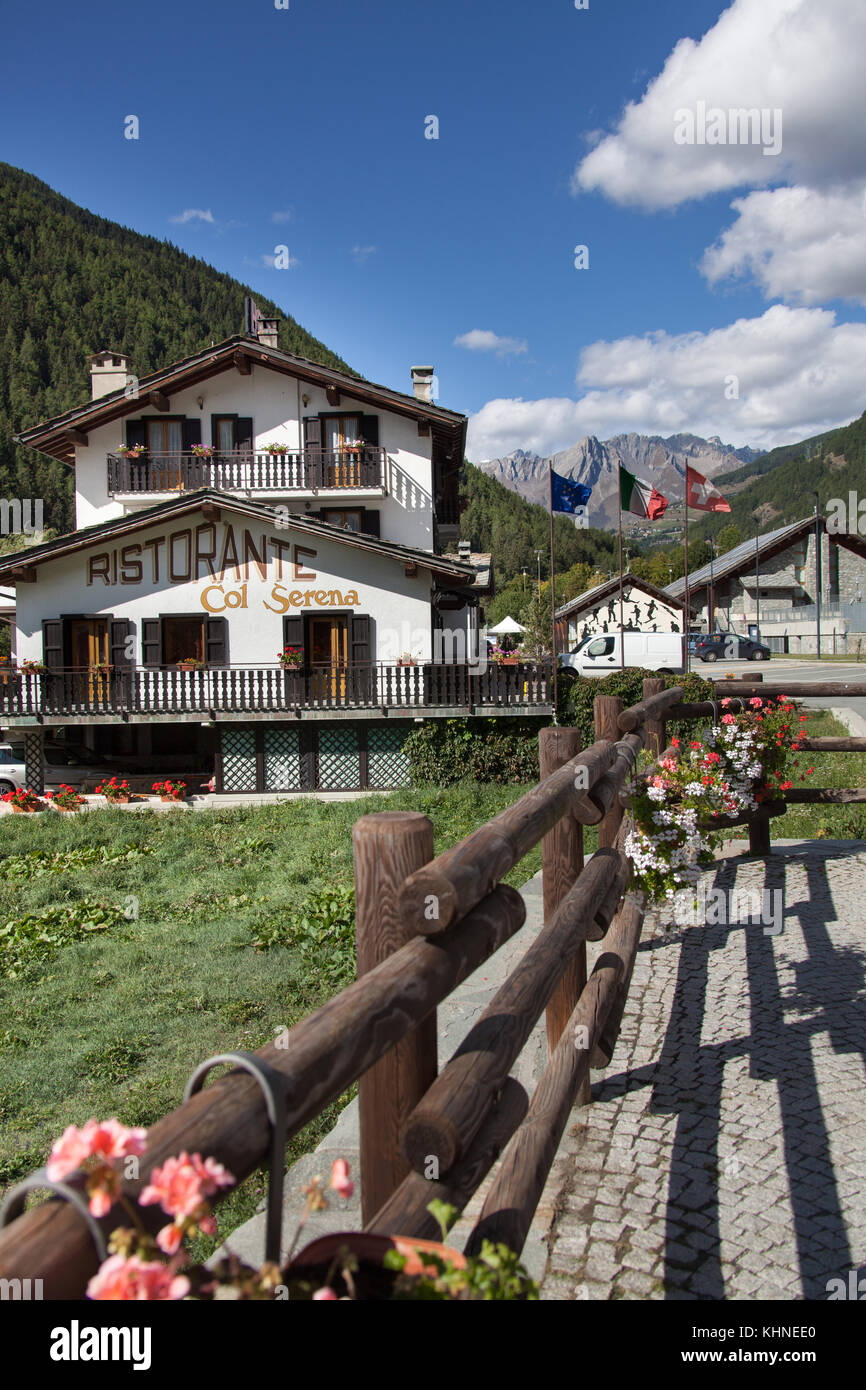 Town of Etroubles, Italy. Picturesque view of the Col Serena hotel and restaurant in the town of Etroubles, Northern Italy. Stock Photo