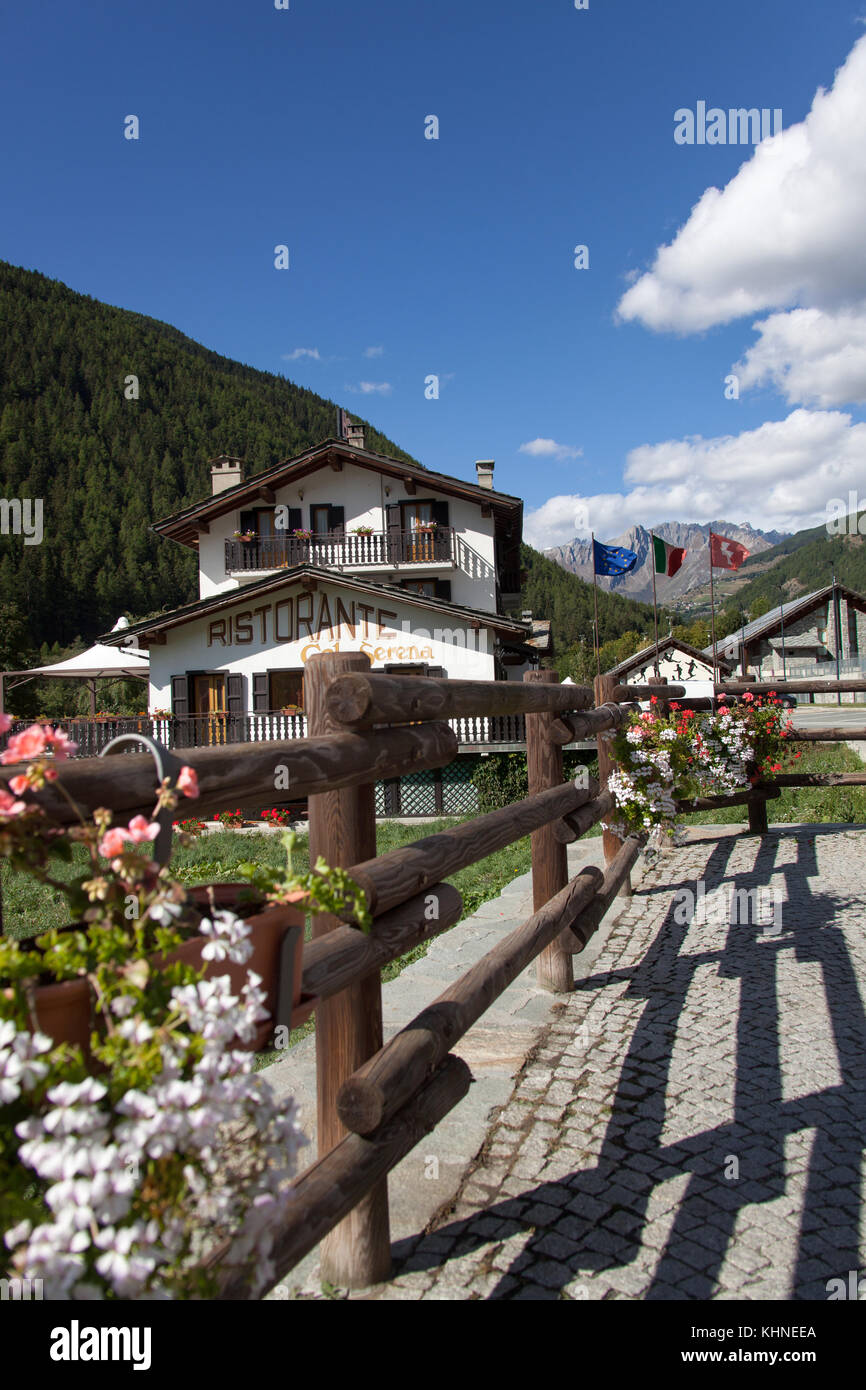 Town of Etroubles, Italy. Picturesque view of the Col Serena hotel and restaurant in the town of Etroubles, Northern Italy. Stock Photo