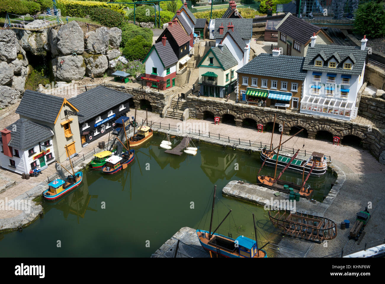 Aerial view small port and town Bekonscot Model Village Beaconsfield Buckinghamshire England Stock Photo