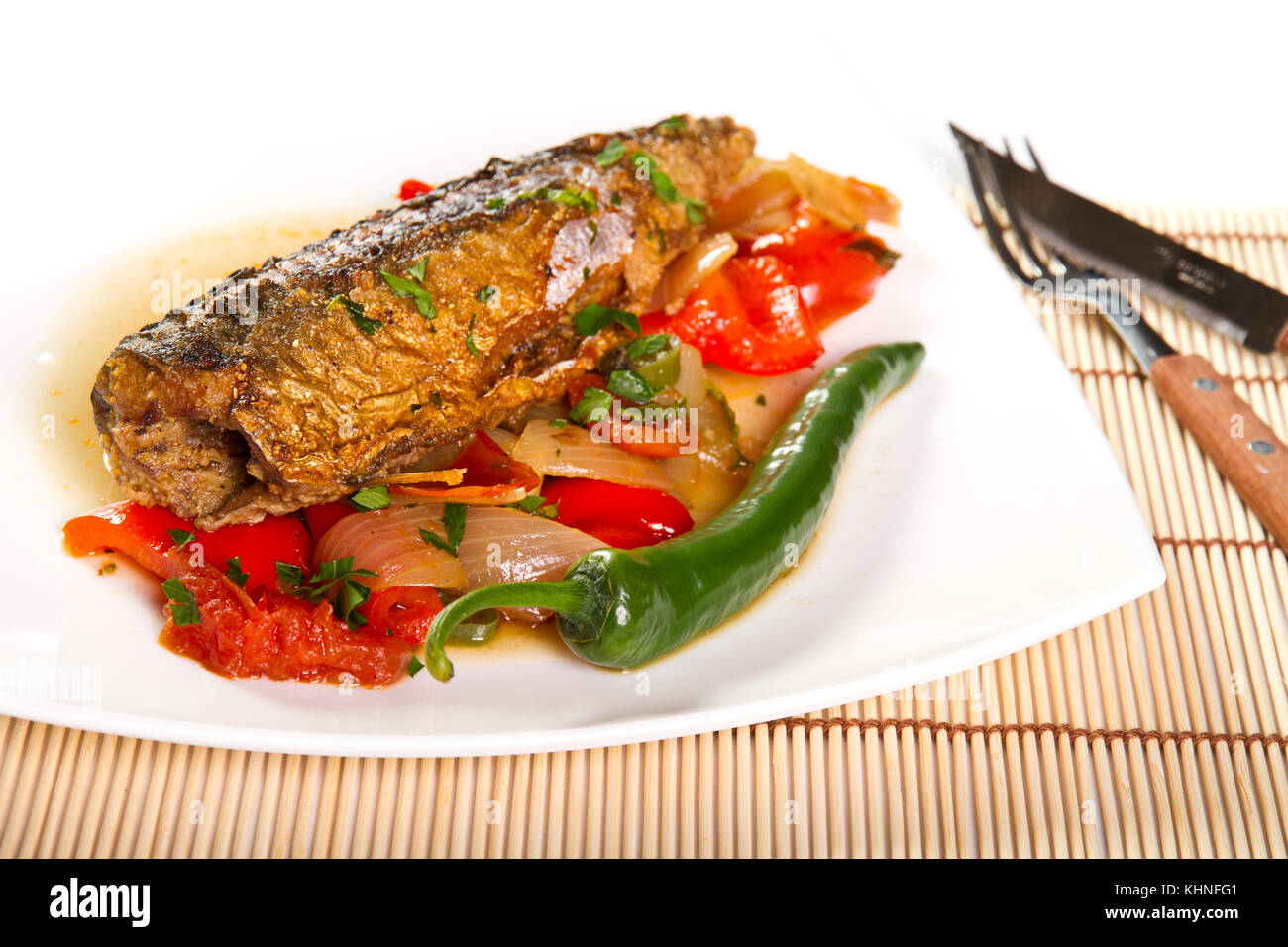 Baked trout with steamed vegetables Stock Photo Alamy