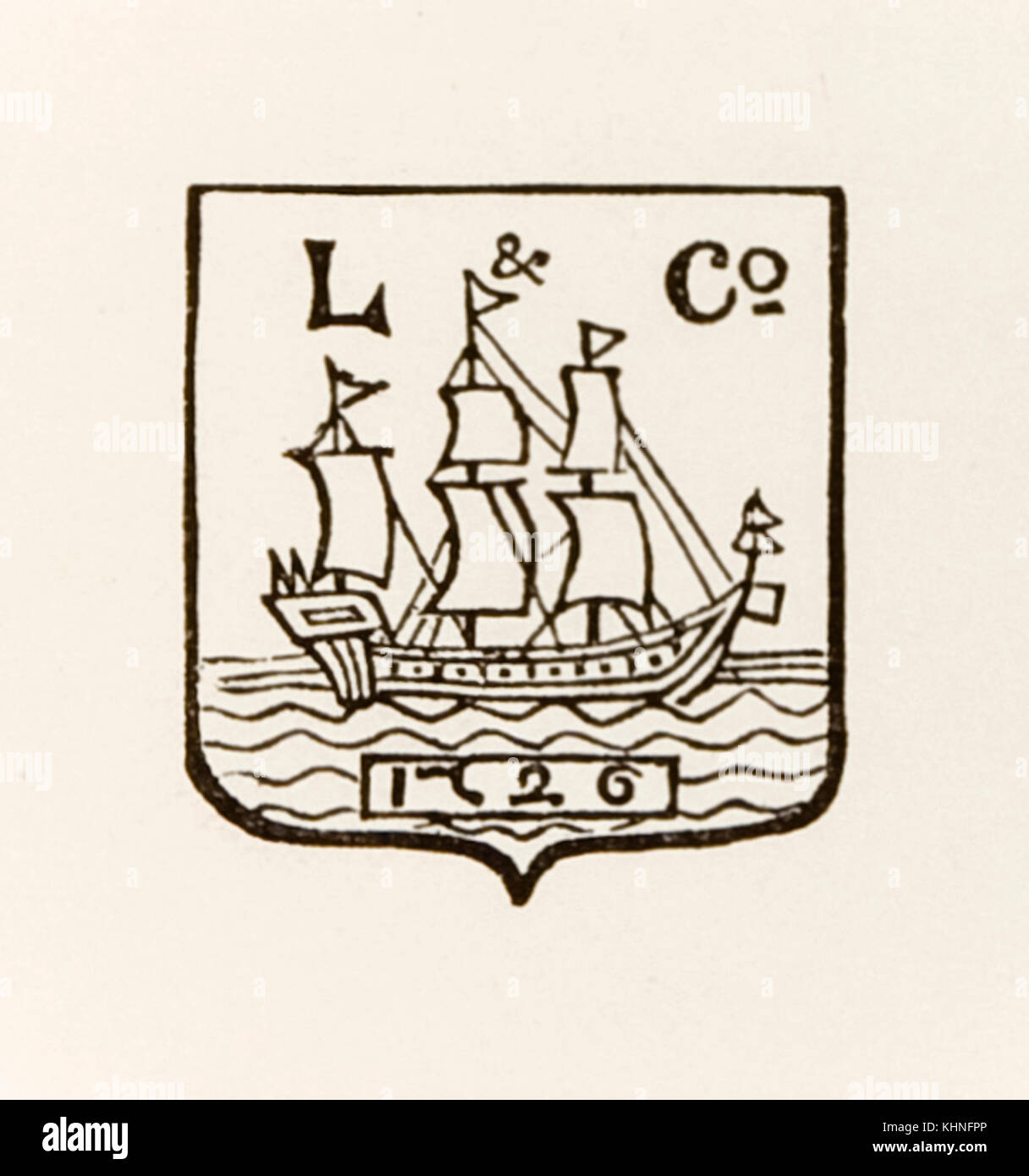 L & Co Ship 1726 logo used by Longmans Green and Company (now ‘Longmans’) as its publisher's or printer’s device from around 1880. The ship was chosen as the company’s founder Thomas Longman purchased an existing publishing house and began operating out of a shop called ‘The Ship’ in Paternoster Road in 1726. See more information below. Stock Photo