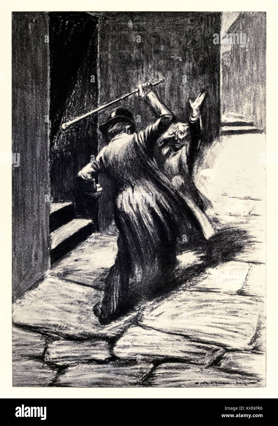 ‘Clubbed him to the earth’ from the ‘Strange Case of Dr Jekyll and Mr Hyde’ by Robert Louis Stevenson (1850-1894) illustrated by Charles Raymond Macauley (1871-1934). Mr Hyde beats to death Sir Danvers Carew M.P.. See more information below. Stock Photo