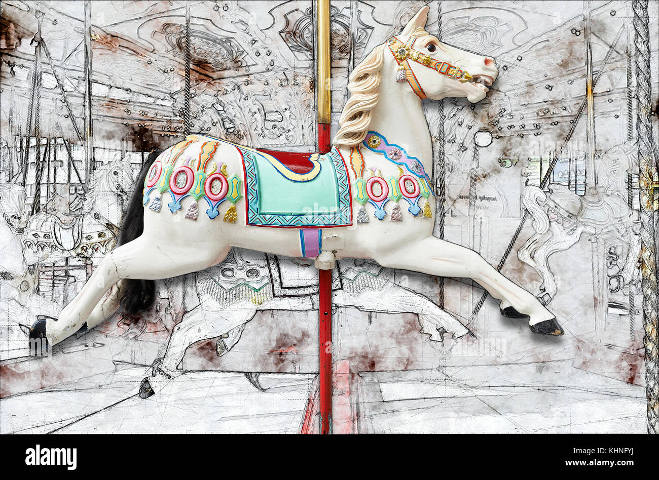 Partial Sketch of a A classic carousel horse. View from side Stock Photo