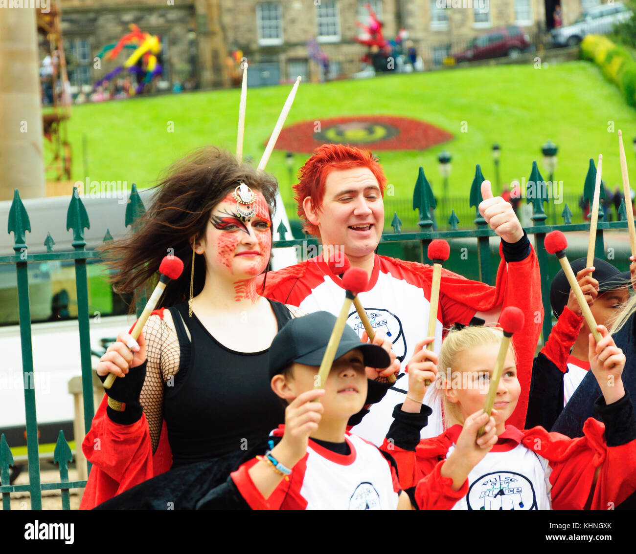 Pulse of the Place, a youth samba band before their performance at the Carnival of The Edinburgh Jazz and Blues Festival Stock Photo