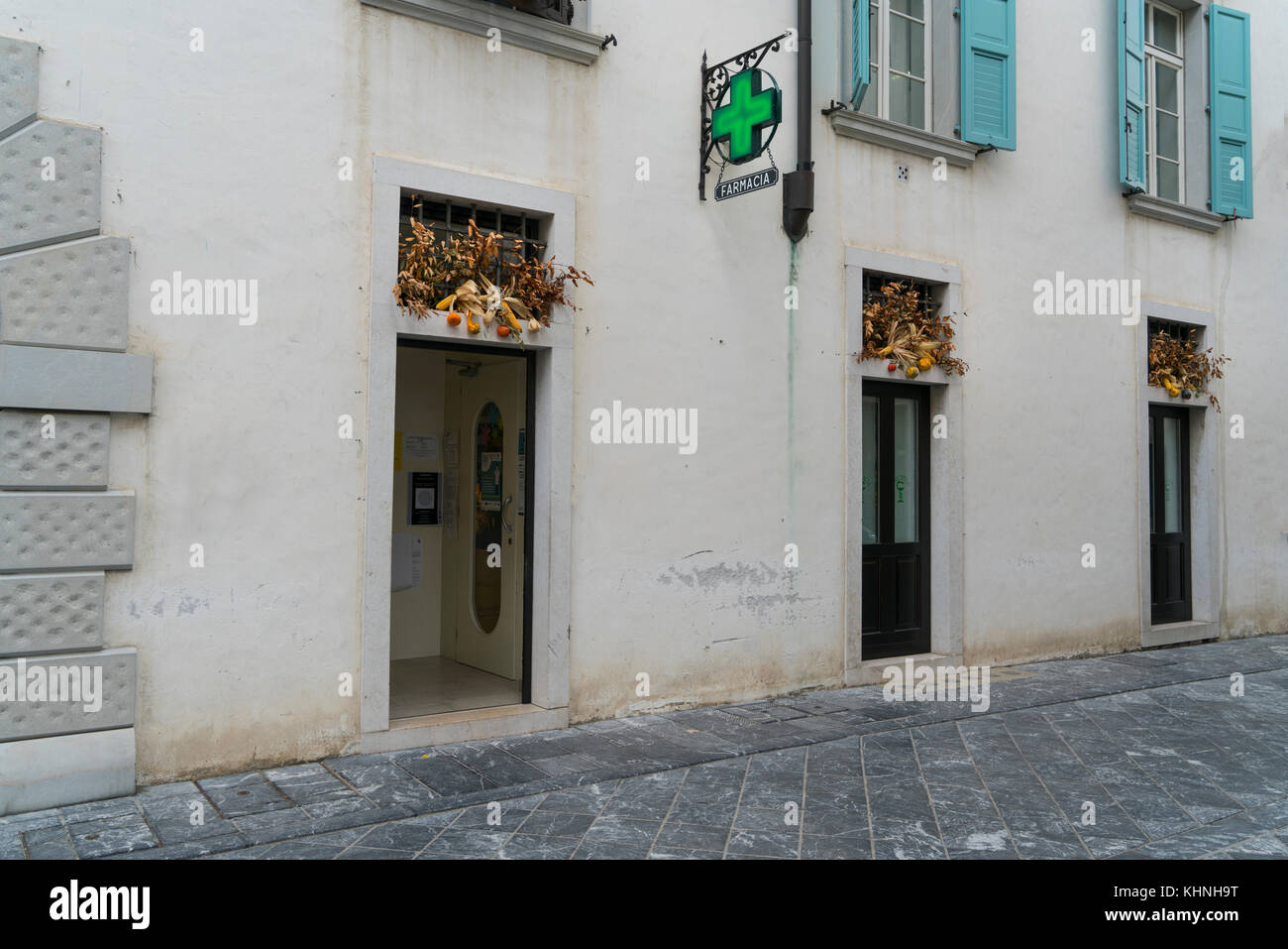 floral decorations on the houses in the center of Venzone, Friuli, Italy Stock Photo