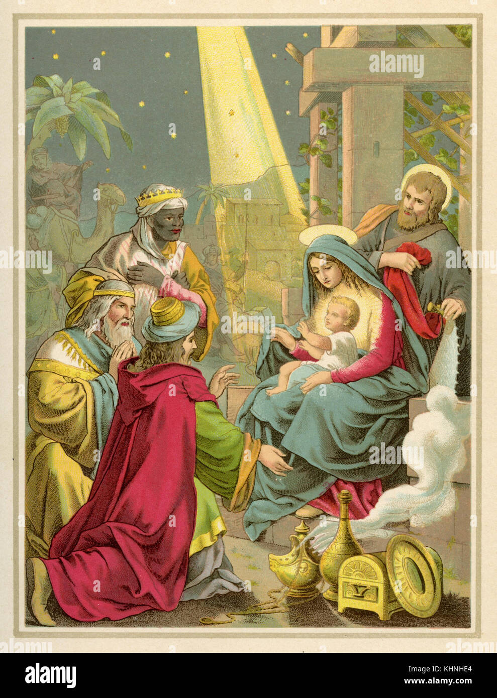 Visit of the three wise men from the East at Jesus and his family (Besuch der drei Weisen aus dem Morgenland bei Jesus und seiner Familie) Stock Photo