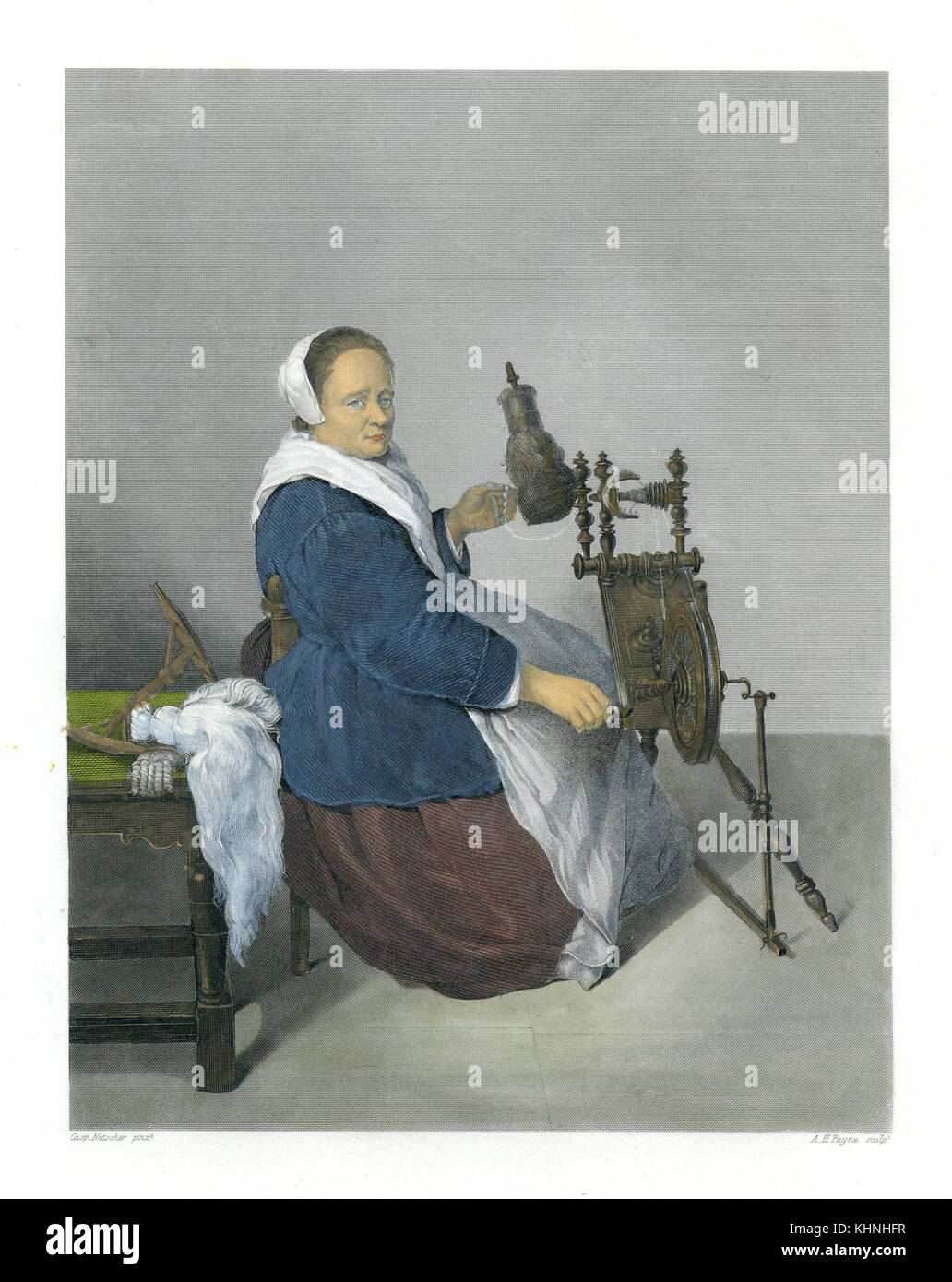 Wool Spinning Woman with Spinning Wheel (Spinnerin mit Spinnrad) Stock Photo