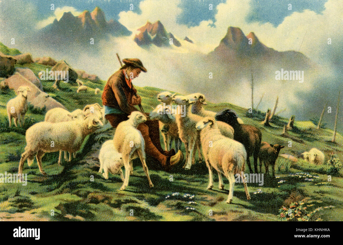 Shepherd with his sheep in the mountains of the Pyrenees, by Rosa Bonheur (Schäfer mit seinen Schafen vor Bergkulisse der Pyrenäen, von Rosa Bonheur) Stock Photo