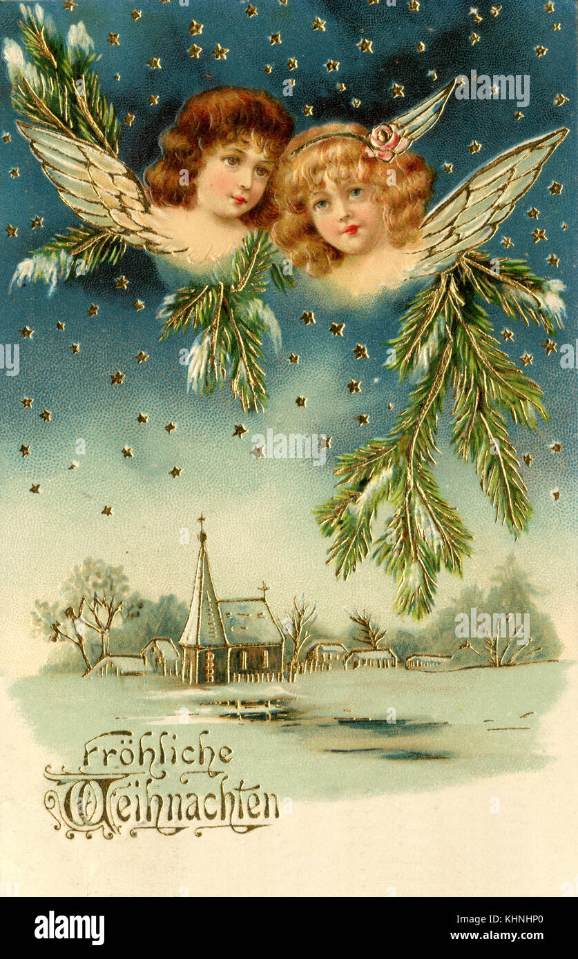 Christmas card with angels (Postkarte: Weihnachten mit Engeln verschneitem Dort) Stock Photo