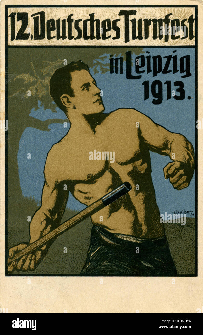 Advertising postcard for the 12th German Gymnastics Festival in Leipzig, 1913: Pole Vaulter (Werbepostkarte für das 12. Deutsches Turnfest in Leipzig, 1913: Stabhochspringer) Stock Photo