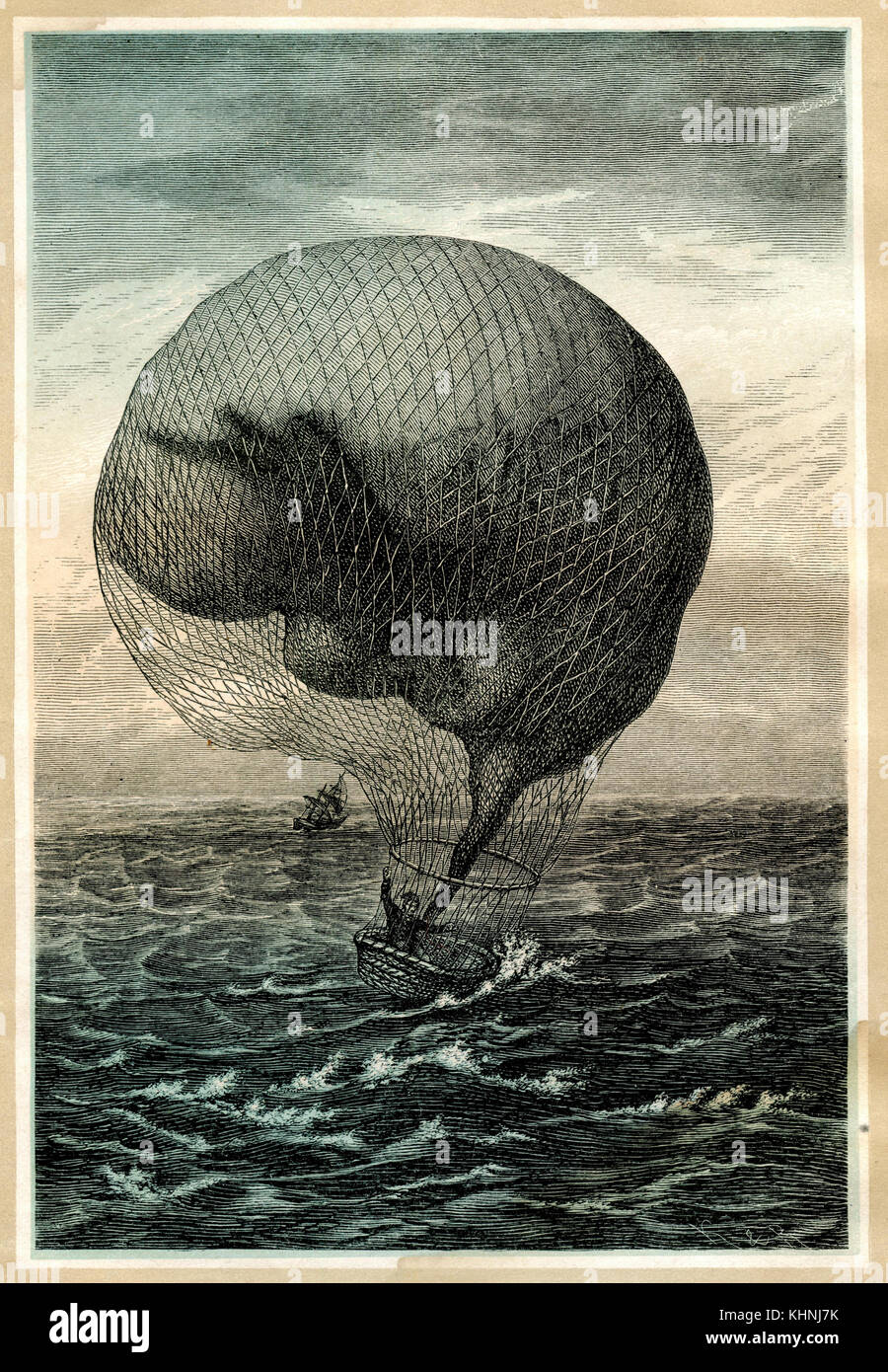 A hot air balloon crashed into the sea (Absturz eines Heißluftballons ins Meer) Stock Photo