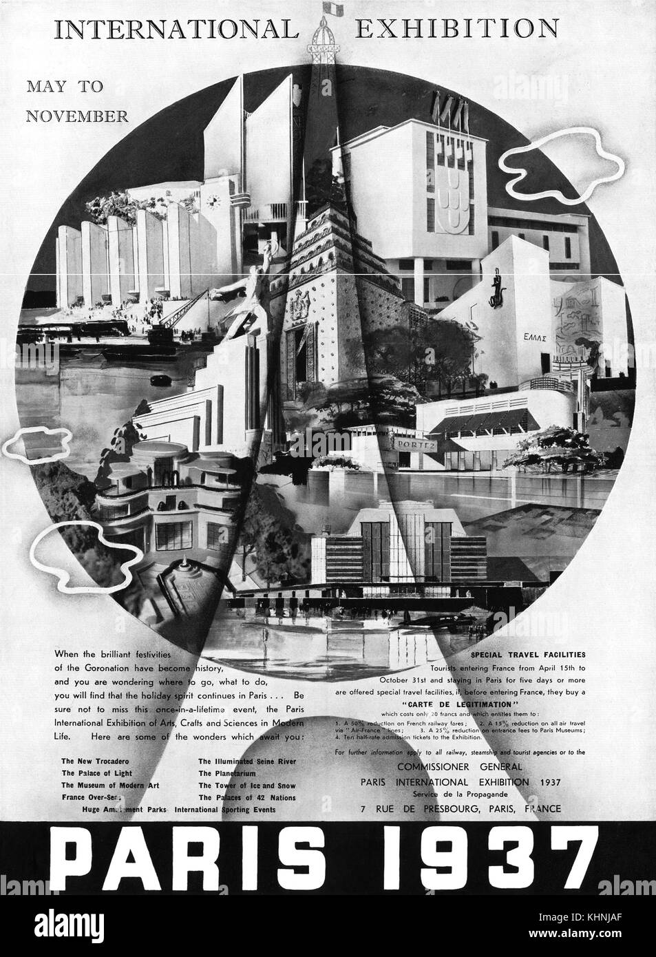 1937 British advertisement for the Exposition Internationale des Arts et Techniques dans la Vie Moderne (International Exposition of Art and Technology in Modern Life.) Stock Photo