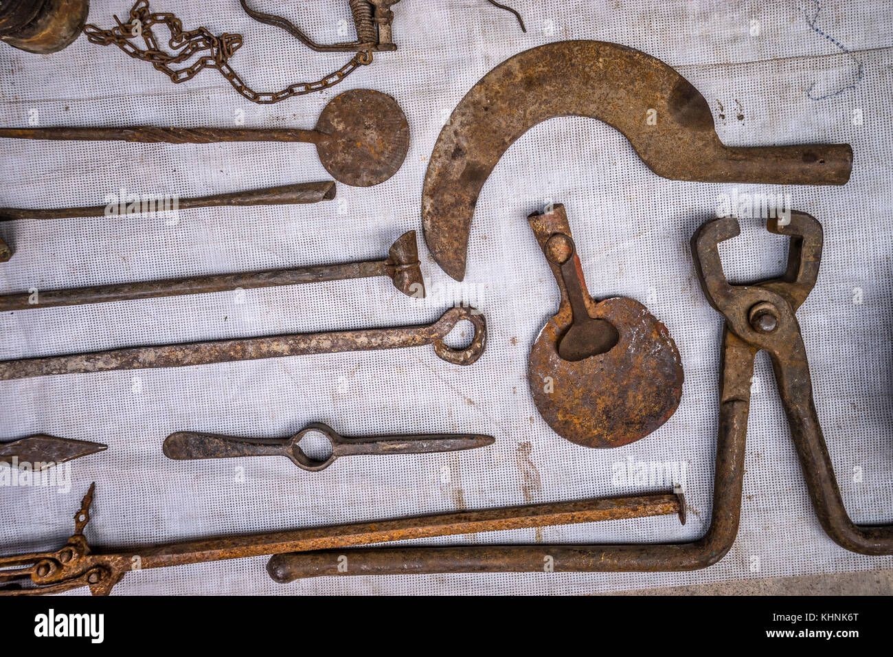 vintage rusty tools in the Mexican flea market Stock Photo