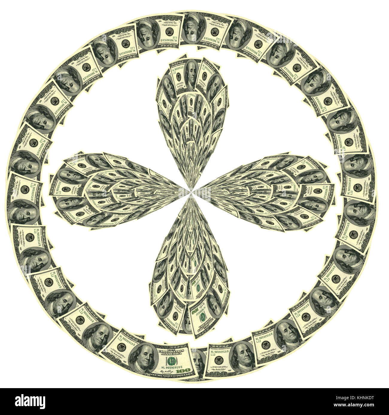 Circular ornament one hundred dollar bill obverse. In center, dollar ornament as four-leaved clover. Stock Photo