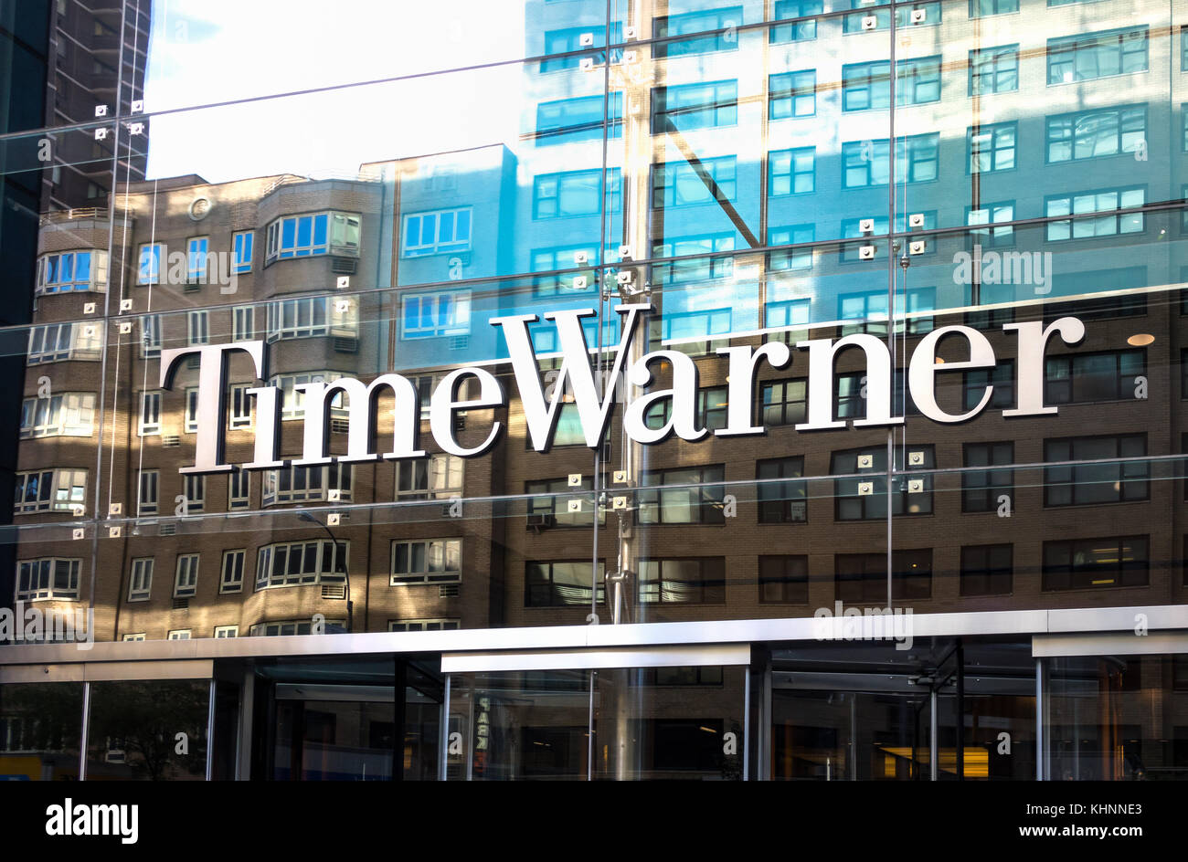 An entrance to the Time Warner Building at Columbus Circle in New York City Stock Photo
