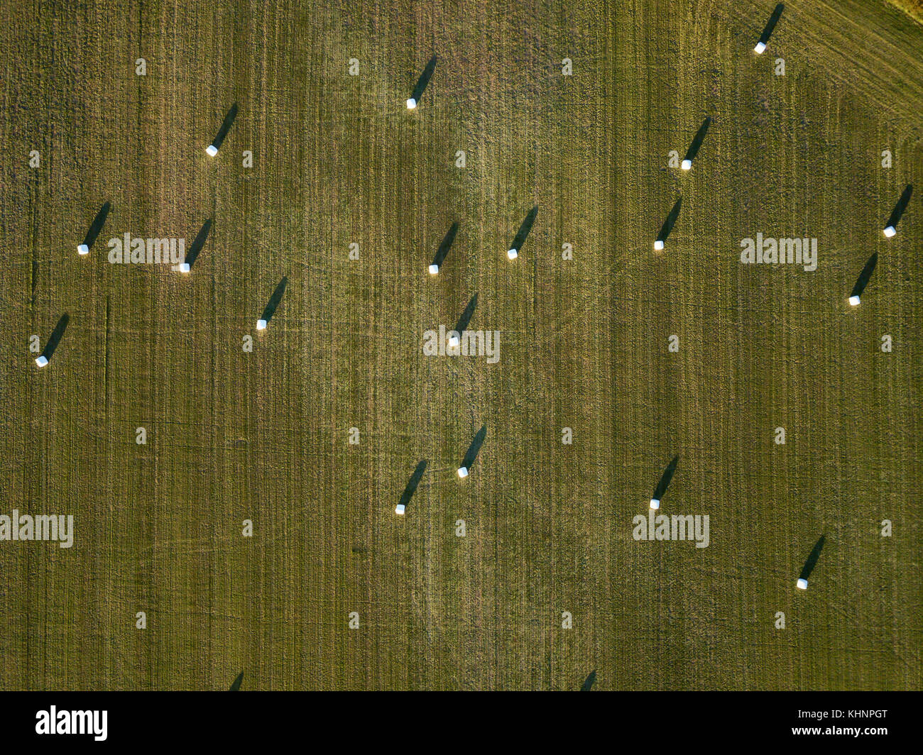 Aerial view of the farm fields with hay bales during a summer sunset
