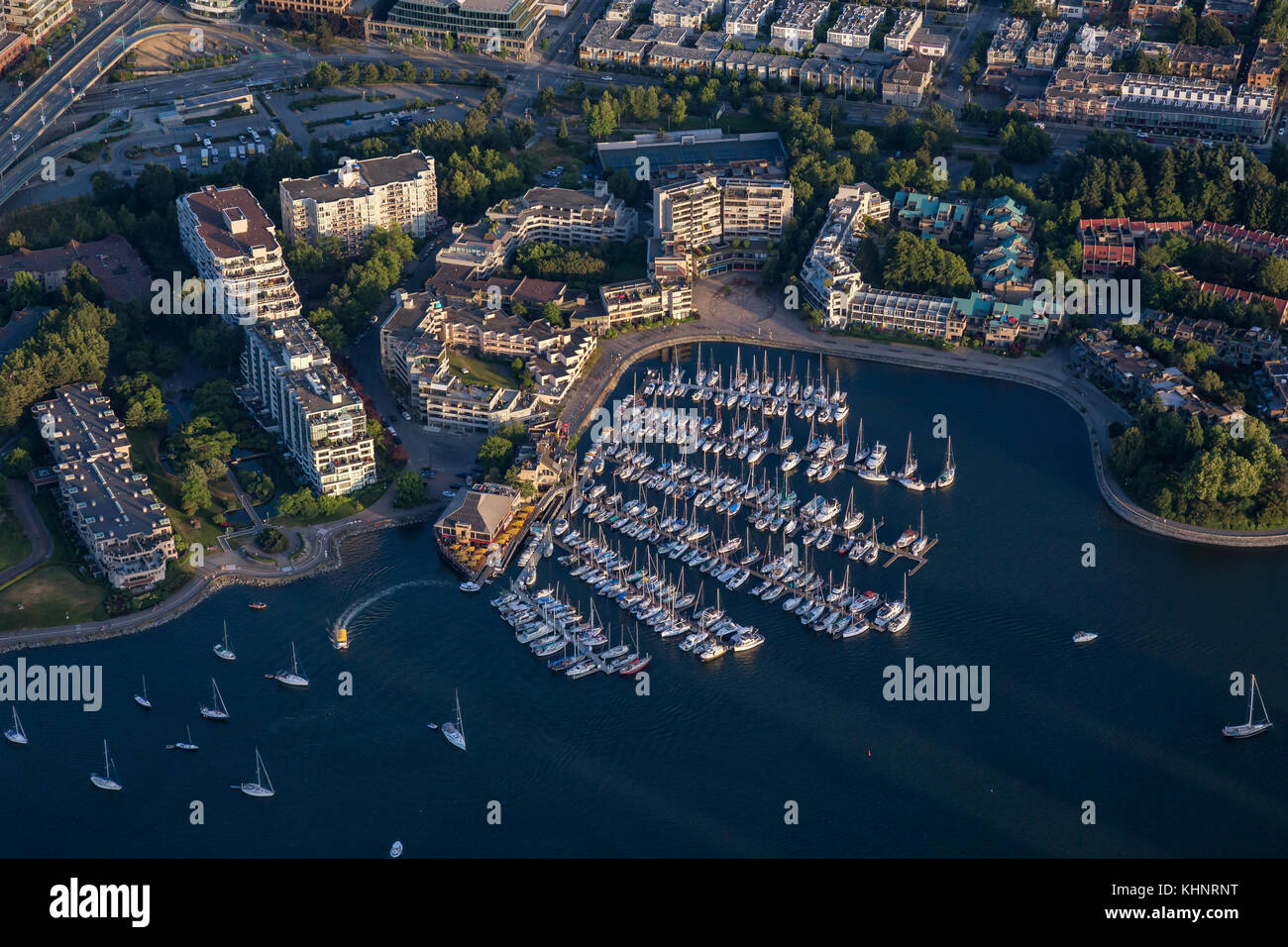 Aerial view of a marina in False Creek, Downtown Vancouver, BC, Canada ...